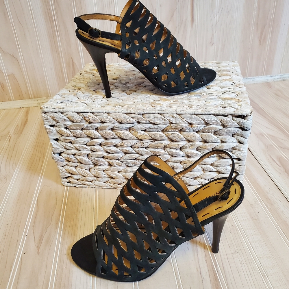 Nine West Whimsigoth Cage Heels Black Cut Out Sandals Size 7 Strappy Clubwear